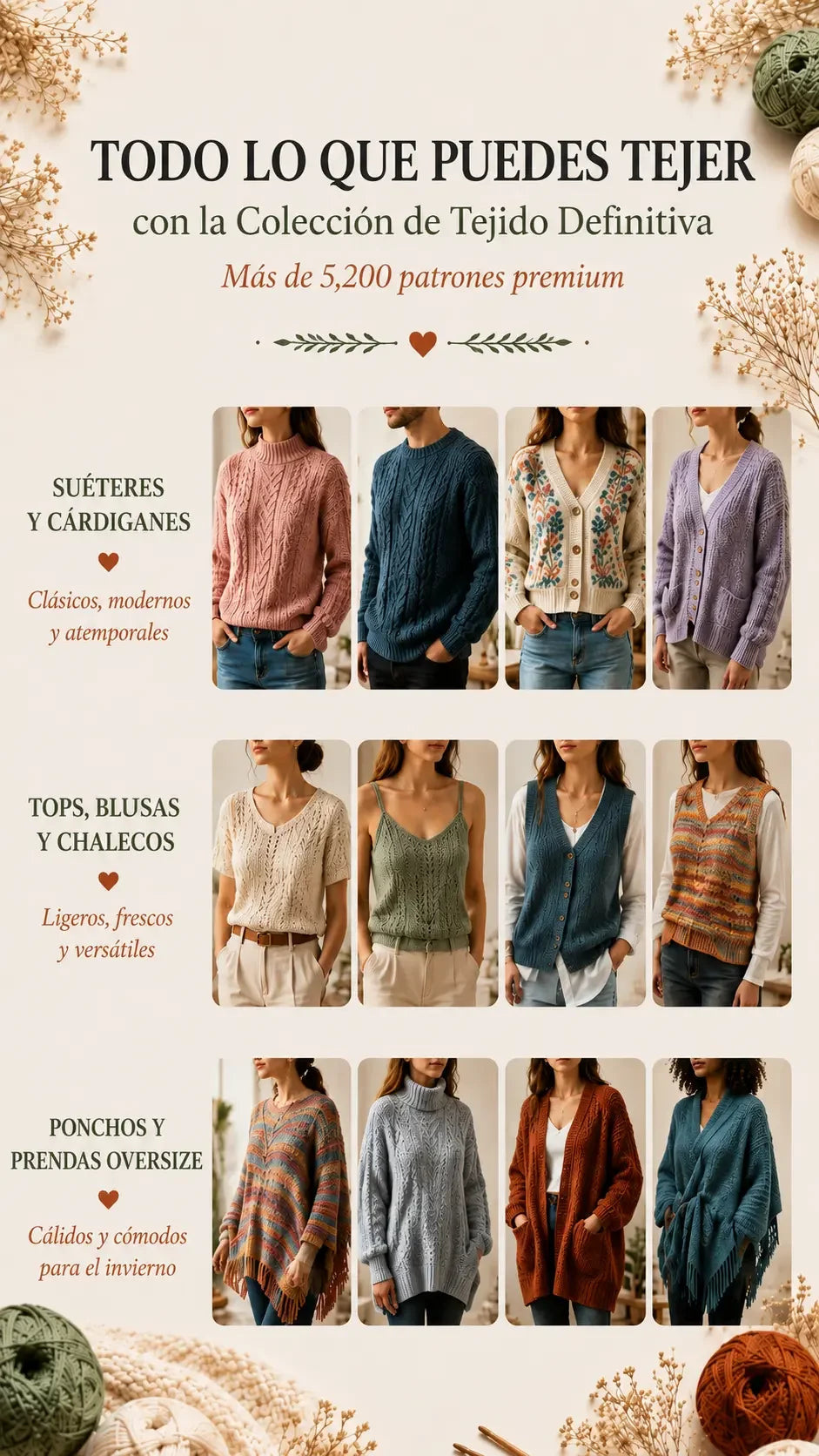 Todo lo que puedes tejer — suéteres, cárdigan, blusas, ponchos y más