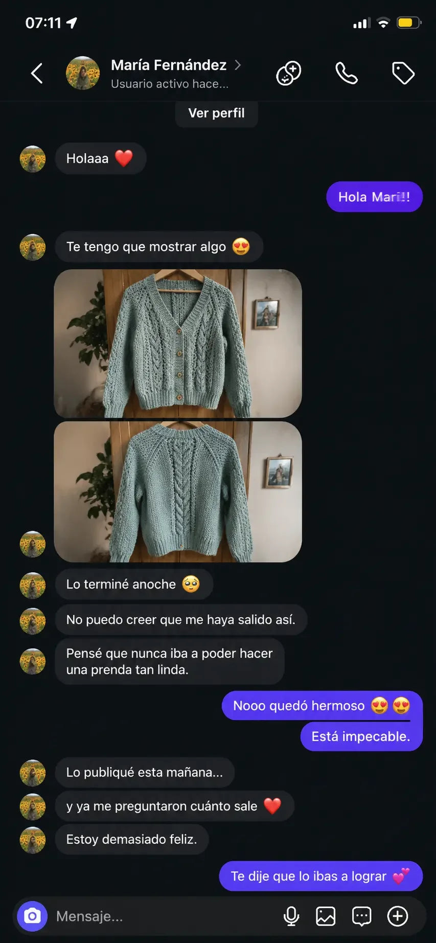 Mensaje de una tejedora en Instagram